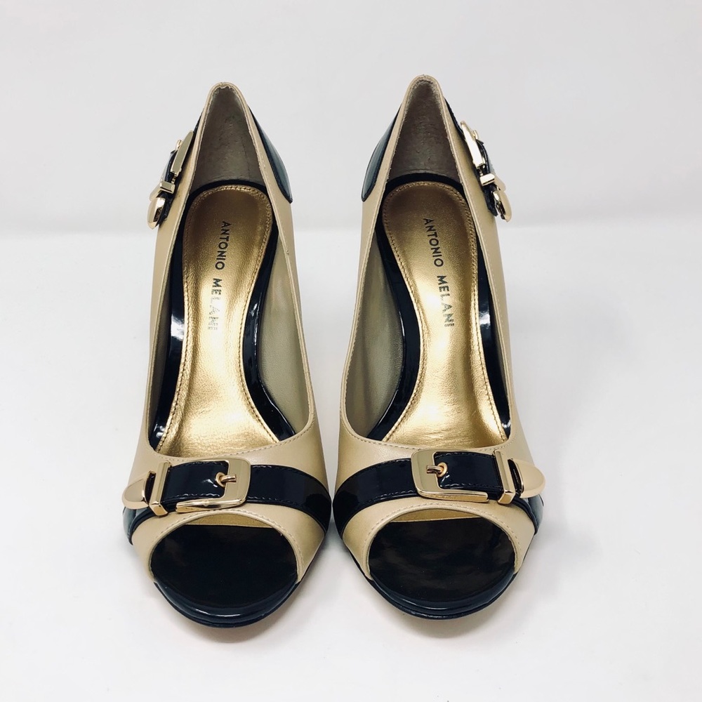 ANTONIO MELANI GOLD/IVORY BLK BLAIZE HEELS SIZE 8